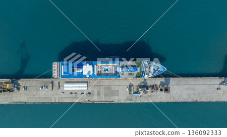 Aerial view luxury ocean cruise ship on clam blue sea, Elegant modern travel lifestyle, Luxury cruise ship liner modern maritime business ocean tourism, Global business cruise ship liner industry. 136092333