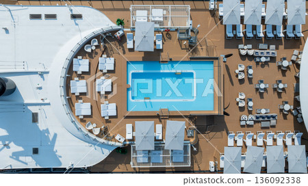 Aerial view luxury ocean cruise ship on clam blue sea, Elegant modern travel lifestyle, Luxury cruise ship liner modern maritime business ocean tourism, Global business cruise ship liner industry. 136092338