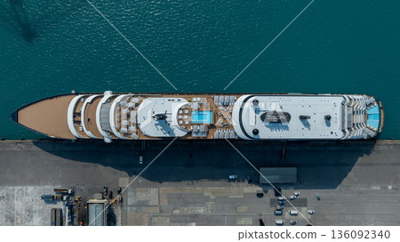 Aerial view luxury ocean cruise ship on clam blue sea, Elegant modern travel lifestyle, Luxury cruise ship liner modern maritime business ocean tourism, Global business cruise ship liner industry. 136092340