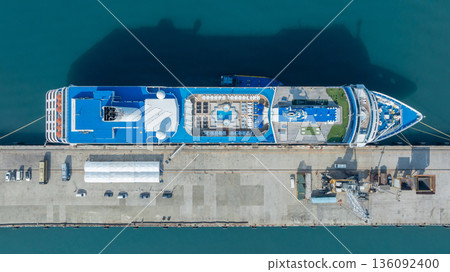 Aerial view luxury ocean cruise ship on clam blue sea, Elegant modern travel lifestyle, Luxury cruise ship liner modern maritime business ocean tourism, Global business cruise ship liner industry. 136092400
