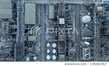 Aerial view oil and gas refinery petrochemical storage tank and pipeline steel, Oil and gas transportation system pipeline steel at oil and gas refinery industry chemical plant, Pipeline oil and gas. 136092467