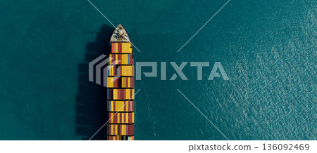 Aerial view container ship carrier container on the sea, Global business logistics and Global trade transportation, Container ship freight shipping import export logistics supply chain. 136092469