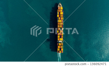 Aerial view container ship carrier container on the sea, Global business logistics and Global trade transportation, Container ship freight shipping import export logistics supply chain. 136092471