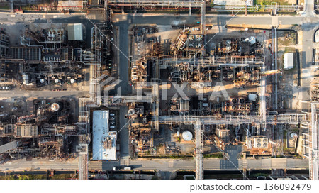 Aerial view of oil and gas petrochemical storage tank and pipeline steel, Oil and gas transportation system pipeline steel at oil and gas refinery industry petrochemical plant, Pipeline oil and gas. 136092479