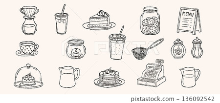 Modern espresso coffee machine and artisan bakery basket hand drawn vector line art set with roasted beans and teapot icons for cafe branding and menu design 136092542