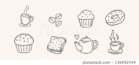 Aesthetic coffee cafe and bakery lifestyle hand drawn vector line art set with hot coffee cup muffin donut and teapot for menu design and sticker illustration 136092544