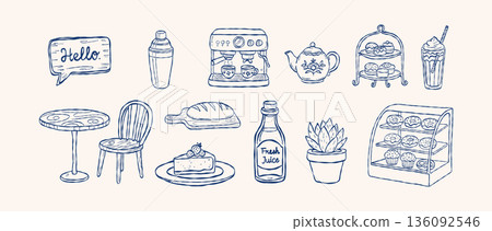 Aesthetic coffee shop interior and furniture hand drawn vector line art set with wooden table chair cake display cabinet and espresso machine icon design Aesthetic coffee shop interior and furniture hand drawn vector line art set with wooden table chair cake display cabinet and espresso machine icon design 136092546