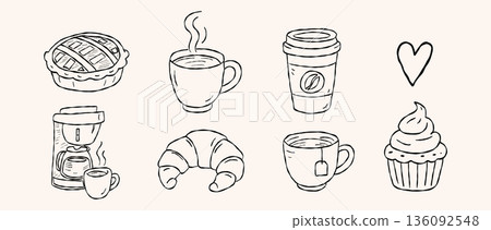 Hand drawn coffee and pastry set with cup, mug, croissant, cupcake, pie and takeaway drink for cafe menu, bakery design and cozy coffee shop concept Hand drawn coffee and pastry set with cup, mug, croissant, cupcake, pie and takeaway drink for cafe menu, bakery design and cozy coffee shop concept 136092548
