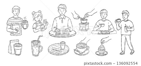 Hand drawn people enjoying coffee shop moments, reading and chatting in cozy cafe atmosphere, daily lifestyle scenes with simple line art illustration 136092554