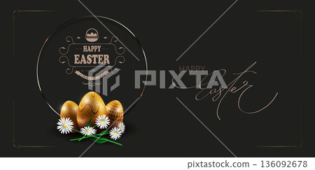 Happy Easter. Festive card with Easter eggs and a round gold frame 136092678