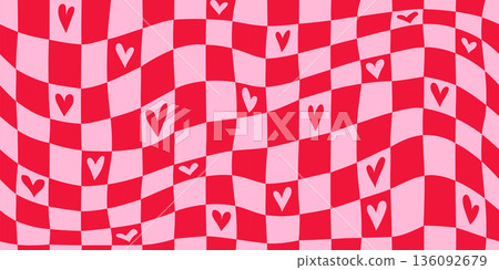 Red and pink vintage distorted love seamless pattern. Checkered romantic pink hearts background print. Valentine's day holiday retro backdrop texture, romantic groovy design. Vector 136092679