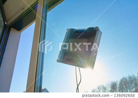 Window cleaning robot on glass surface 136092688