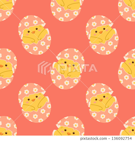 Seamless pattern with easter eggs and chickens. Flat vector illustration Seamless pattern with easter eggs and chickens. Flat vector illustration 136092754