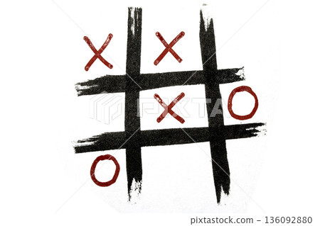 Tic Tac Toe Noughts and Crosses Childrens Board Game on White Background Tic Tac Toe Noughts and Crosses Childrens Board Game on White Background 136092880