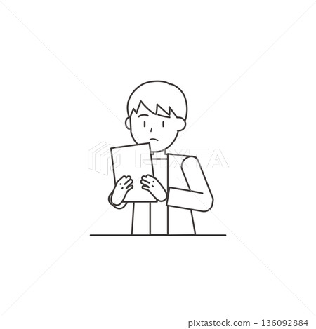 一幅線條畫插圖，描繪了一個男人正在查看文件，神情憂慮——此人似乎在確認文件和辦理手續方面遇到了困難。 136092884