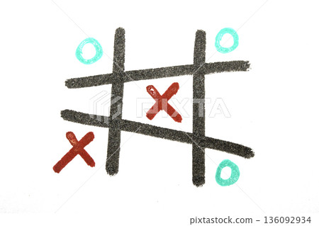 Tic Tac Toe Noughts and Crosses Childrens Board Game in Crayon on White Background 136092934