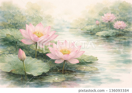 Lotus series: Pink lotus flowers blooming on the water surface 136093384
