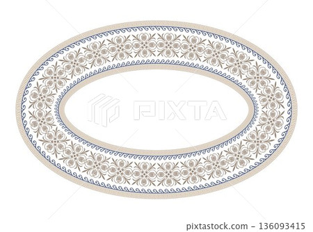 An elegant oval frame featuring ornate Greek key and floral scroll patterns in golden dusty blue against white background. Classical border design. Vintage oval frame with floral ornaments. Vector 136093415