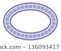 Beautiful oval frame arabesques. Golden blue plate with Greek key, wave, stylized floral pattern. Vintage, ethnic vector frame EPS. Pattern frame for ellipse surfaces, textiles, embroidery, porcelain 136093417