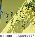 Yellow wall with Vietnamese calligraphy and leaf shadows background 136093437