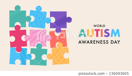 World autism awareness day banner template and poster background with colorful puzzle pieces. 136093605