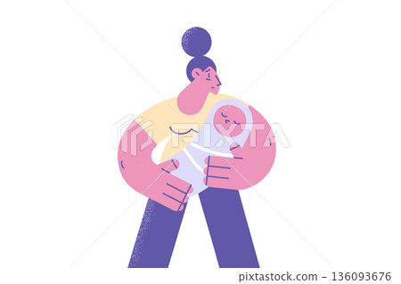 Sad young mother with baby suffer from postpartum depression 136093676
