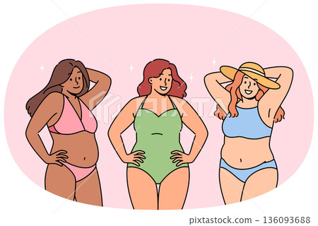 Body-positive women in swimsuits smile and call to abandon stereotypical opinions and body shaming Body-positive women in swimsuits smile and call to abandon stereotypical opinions and body shaming 136093688