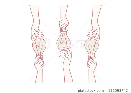 Hands sharing glowing light bulbs are metaphor for ideas or joint brainstorming. Vector image 136093742