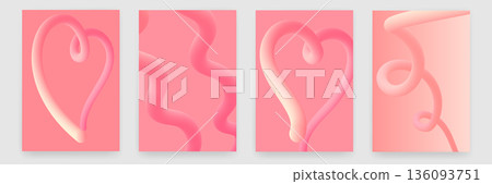 Modern pink Valentine s Day posters set with abstract 3D fluid hearts and curvy lines, romantic vertical backgrounds for greeting cards. Trendy vertical layouts for social media , creative banners 136093751
