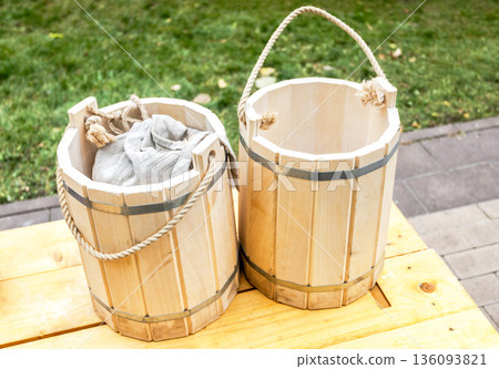 Traditional handmade wooden buckets for water Traditional handmade wooden buckets for water 136093821