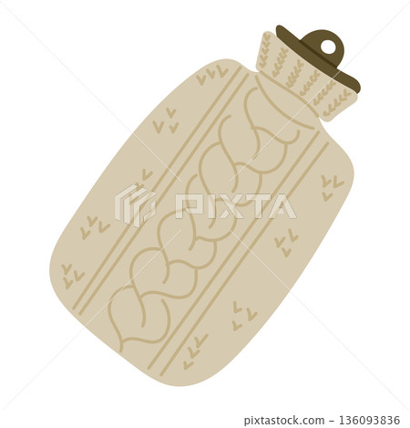 Hand drawn vector illustration of a hot water bottle with knitted cover isolated on white background. The image represents warmth, comfort, winter care and cozy home relaxation concept 136093836