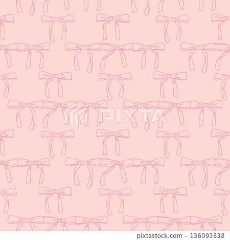 Seamless hand drawn ribbon bow pattern in soft pink line art on pastel background for decorative design. The image represents femininity, gift wrapping, celebration and romantic textile concept Seamless hand drawn ribbon bow pattern in soft pink line art on pastel background for decorative design. The image represents femininity, gift wrapping, celebration and romantic textile concept 136093838
