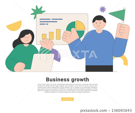 Flat vector illustration of business team analyzing growth charts and celebrating success with laptop, bar chart, pie chart and flag in modern minimal style on white background. 136093843