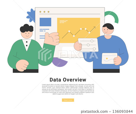 Flat vector illustration of business team reviewing data overview and growth analytics on dashboard with charts and reports in modern minimal style on white background. 136093844