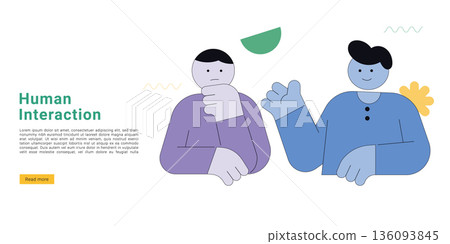 Flat vector illustration of two people interacting and communicating with friendly gestures in modern minimal style with abstract shapes on white background. 136093845