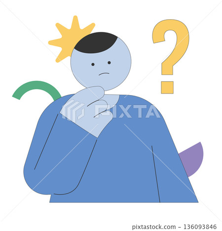 Flat vector illustration of a confused person thinking and touching chin with question mark and abstract shapes in modern minimal style on white background. Flat vector illustration of a confused person thinking and touching chin with question mark and abstract shapes in modern minimal style on white background. 136093846