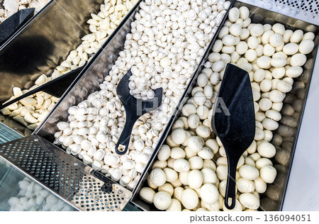 Frozen semi-finished products in a grocery store. A good natural product for fast cooking delicious food 136094051