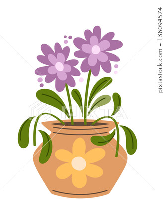 Purple flower blossoms ceramic vase 136094574