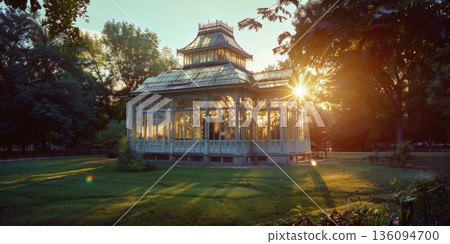 white metal victorian glass house at sunset 136094700