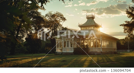white metal victorian glass house at sunset white metal victorian glass house at sunset 136094704