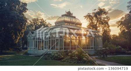 white metal victorian glass house at sunset white metal victorian glass house at sunset 136094719