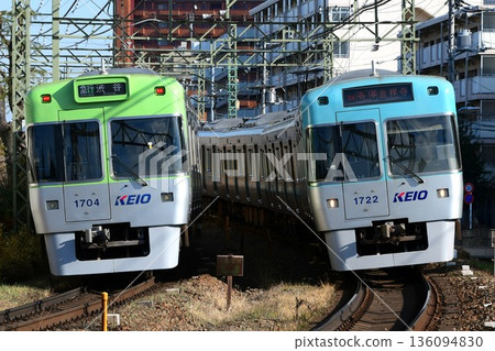 Keio 1000 series 1754F light green train and 1772F blue green train passing each other on the Inokashira Line Keio 1000 series 1754F light green train and 1772F blue green train passing each other on the Inokashira Line 136094830
