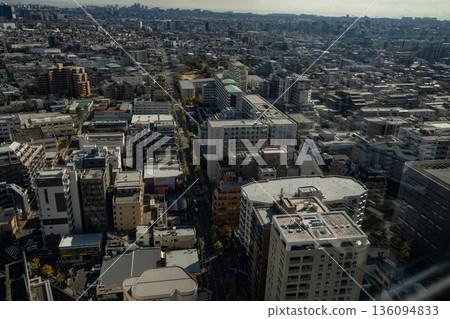 從東京江戶川區船堀塔樓大廳眺望，東京江戶川區景色盡收眼底，東京人口密集的住宅區，藍天下的繁華都市。 136094833