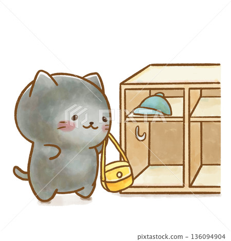 A black cat putting his bag away in his locker. Transparent background with a white background. Perfect for teaching children how to get ready and tidy up after going to kindergarten. 136094904