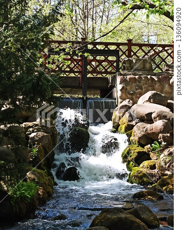 Small waterfall flowing through rocks in a landscaped park with wooden bridge above. image represents natural harmony peaceful environment and flowing energy Small waterfall flowing through rocks in a landscaped park with wooden bridge above. image represents natural harmony peaceful environment and flowing energy 136094920