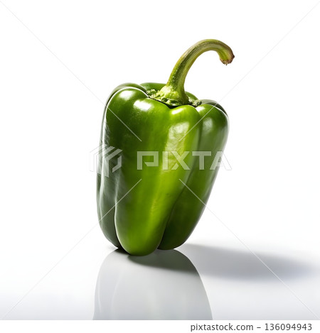 A glossy, fresh green bell pepper stands upright on a clean white studio background, highlighting its vibrant color and crisp texture 136094943