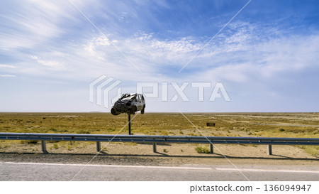 Wrecked vehicle sculpture along Kazakhstan Highway / Mangystau, Kazakhstan Wrecked vehicle sculpture along Kazakhstan Highway / Mangystau, Kazakhstan 136094947