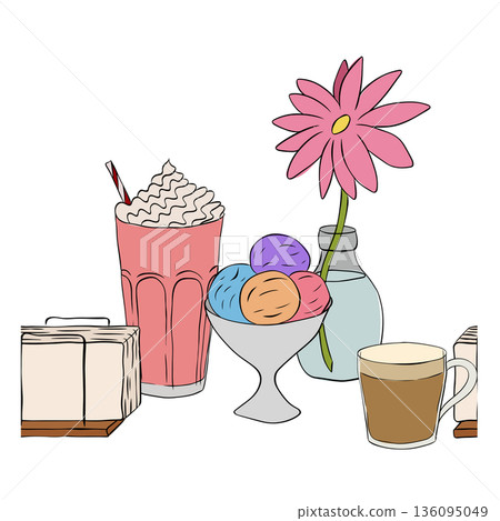 horizontal seamless border. hand drawn illustration. Vector graphic line ink colored art. Abstract Banner with ice cream, milkshake, coffee, napkin, flower texture for bedsheets, pajamas 136095049