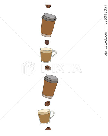 Coffee takeaway, mug, beans vertical seamless border. hand drawn illustration. Vector graphic line ink colored art. pattern. for cafe menu, shop For logo, web, package, sticker. 136095057