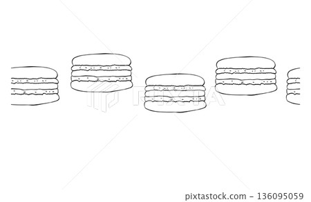 Horizontal seamless border with colorful macarons hand drawn illustration. Vector graphic line ink Black, white art. design for fashion graphics, textile prints, fabrics, wallpapers. 136095059
